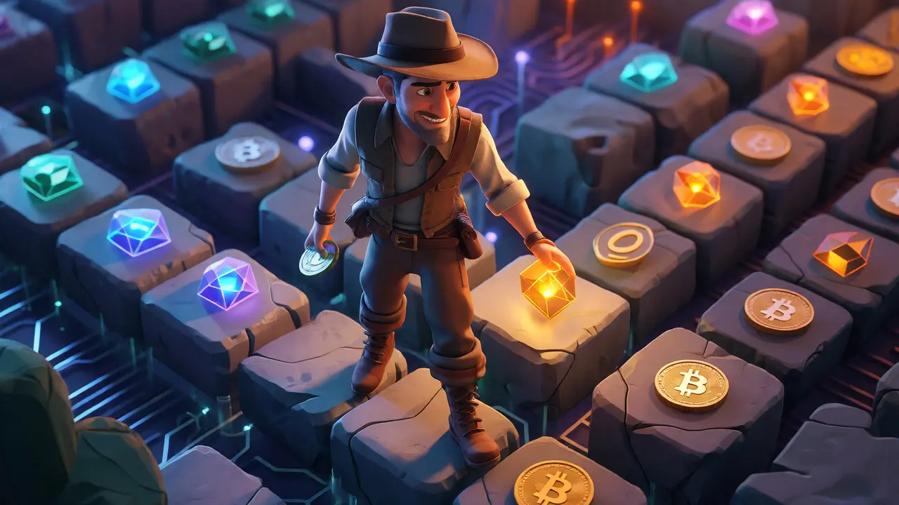 Explorer character bridging platforms to collect unique altcoins.