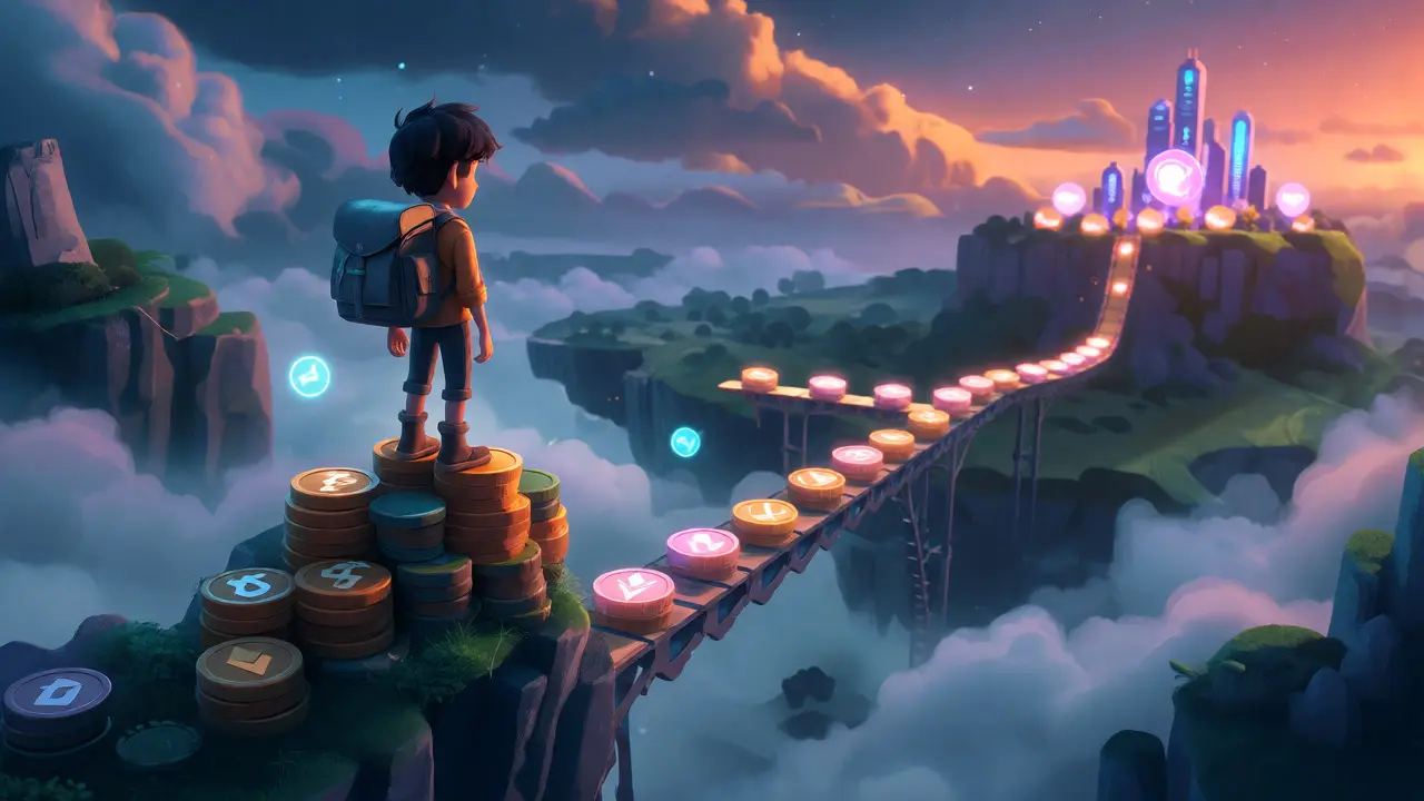Explorer standing on crypto-block cliffs overlooking a misty network of floating islands.