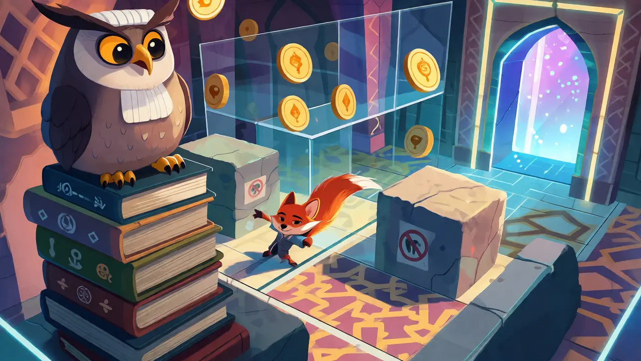 Fox character navigating maze of glass walls under watchful owl judge.