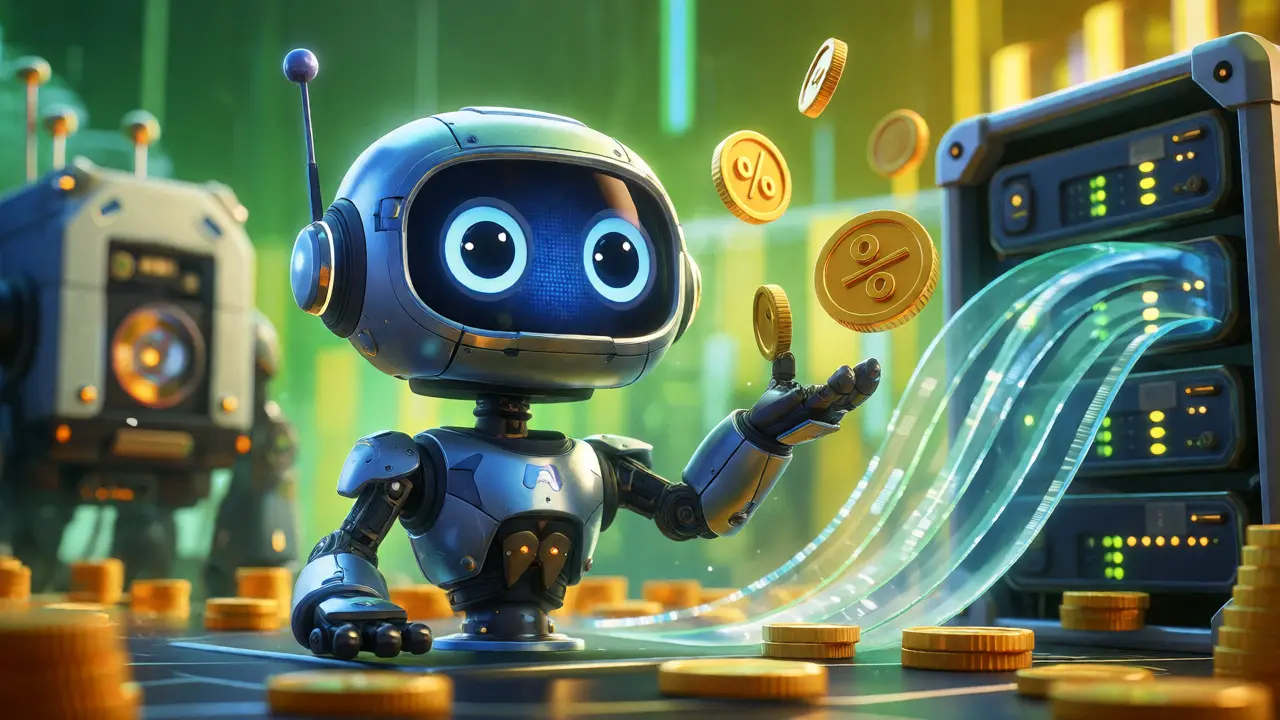 Friendly robot juggling coins to represent low fees and automated trading.