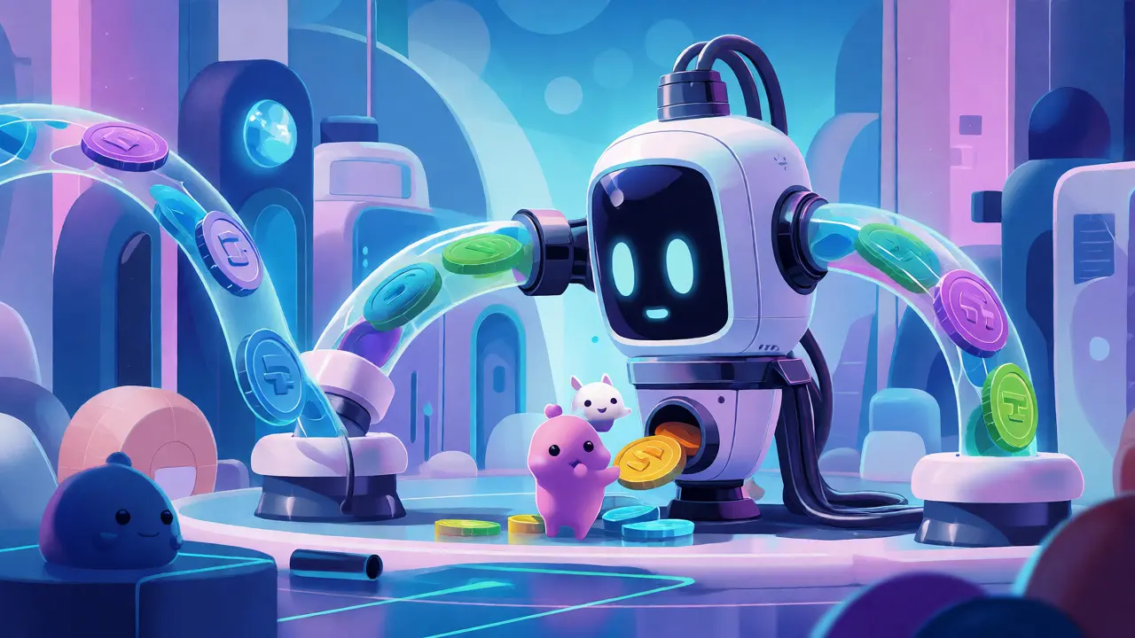 Friendly robot machine processing stablecoin swaps in a DeFi landscape