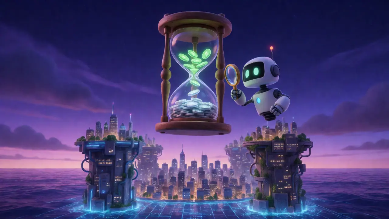 Futuristic city with an hourglass showing circulating vs locked KINE tokens, symbolizing tokenomics.
