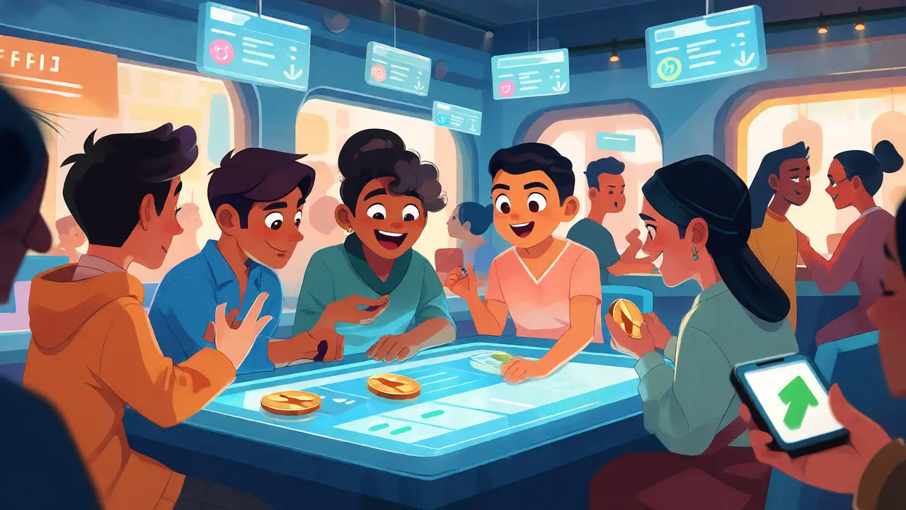 Global cartoon characters trading APPon tokens in a tech-forward lounge