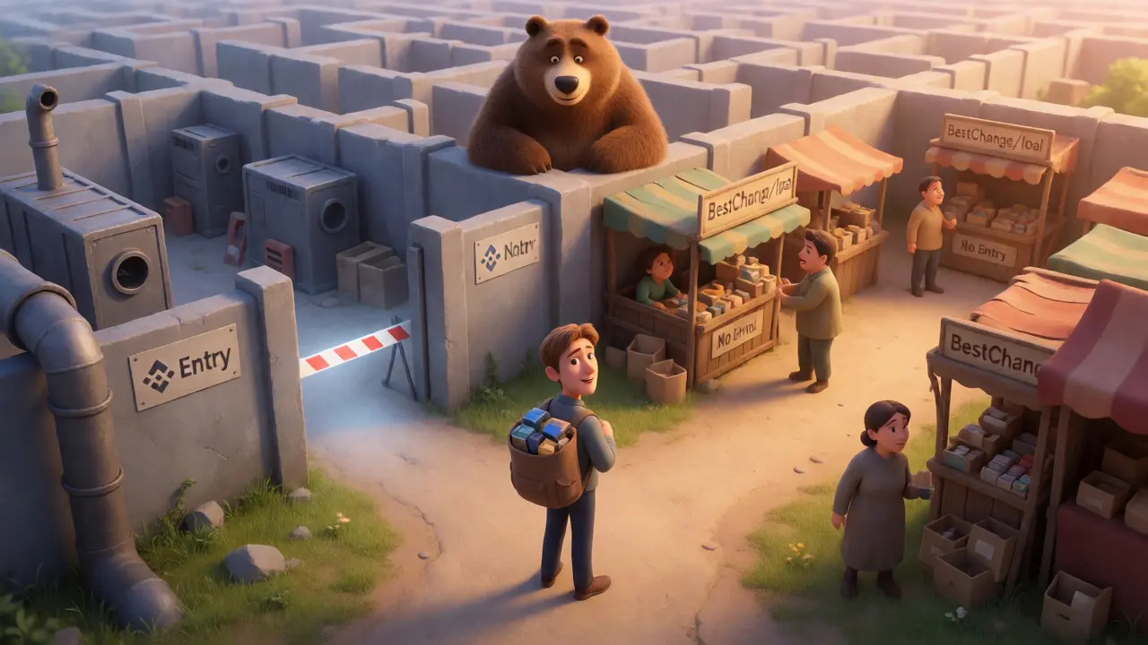 Illustration of a trader choosing between restricted Western exchanges and safe local Russian platforms.