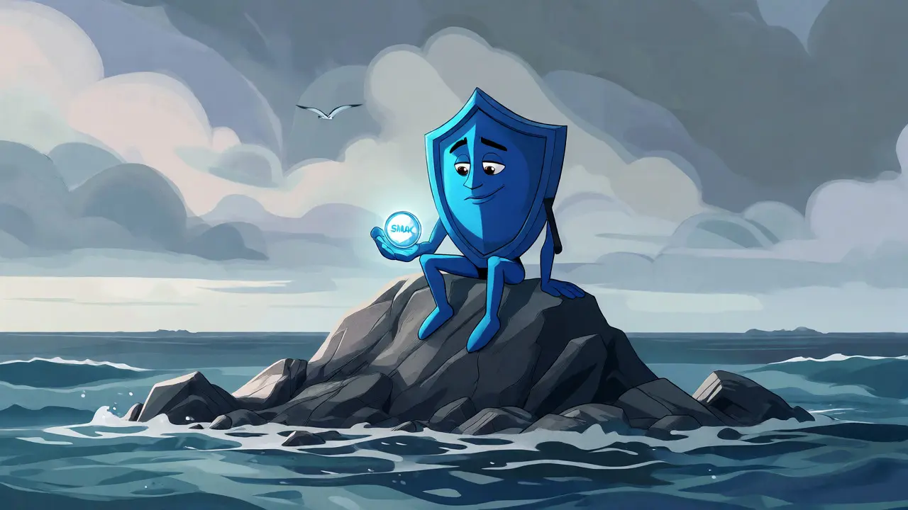 Lonely Smartlink mascot sitting on an isolated island reflecting on the token's low liquidity and price decline.
