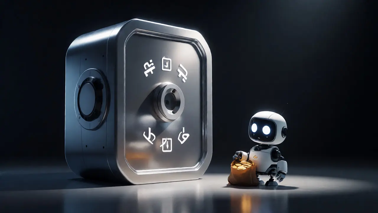 Nervous robot hesitating at an unverified crypto vault