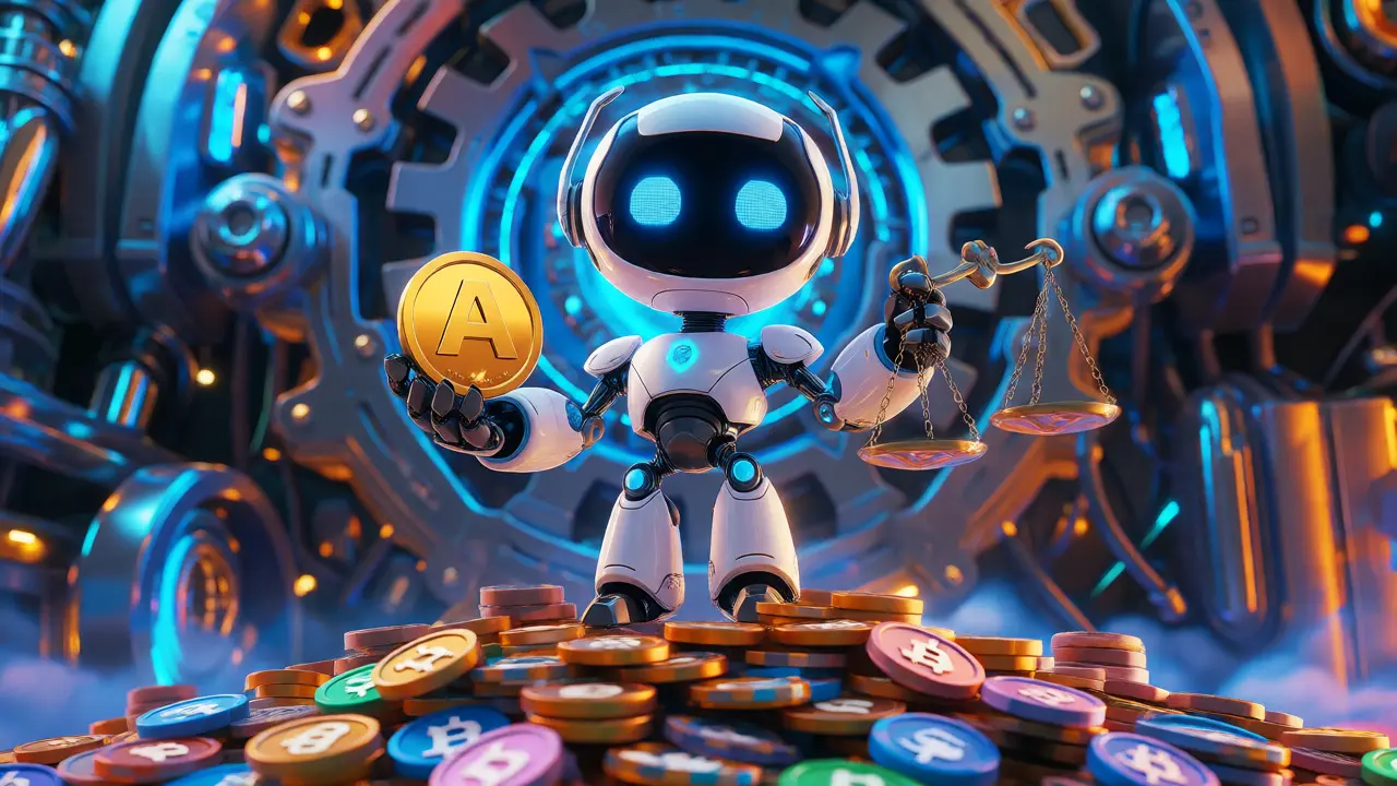 Robot mascot balancing a gold token against a pile of crypto assets.