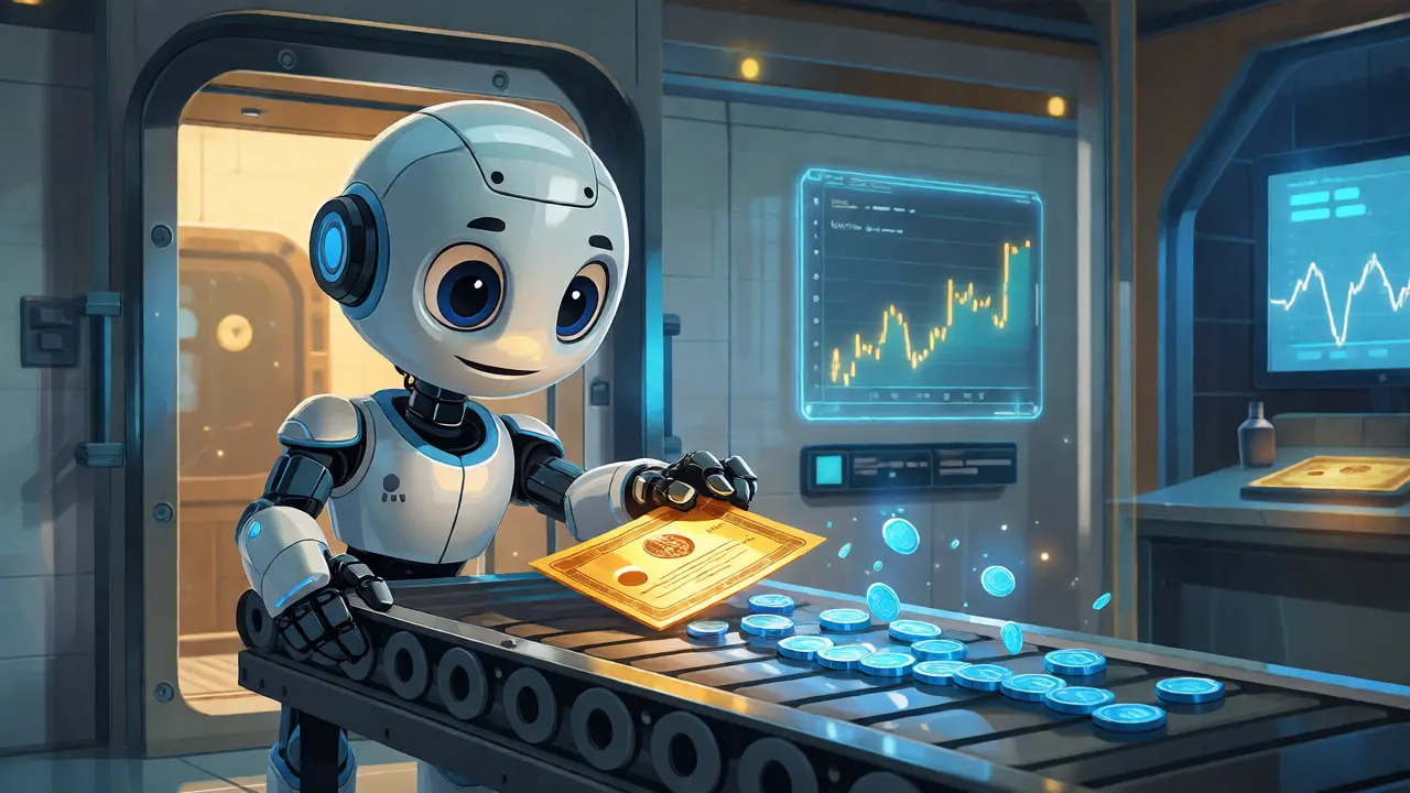 Robotic custodian transforming stock certificates into digital tokens in a vault