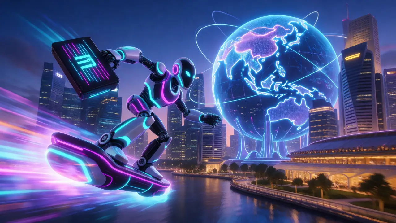Robotic trader in Singapore navigating futuristic cityscape