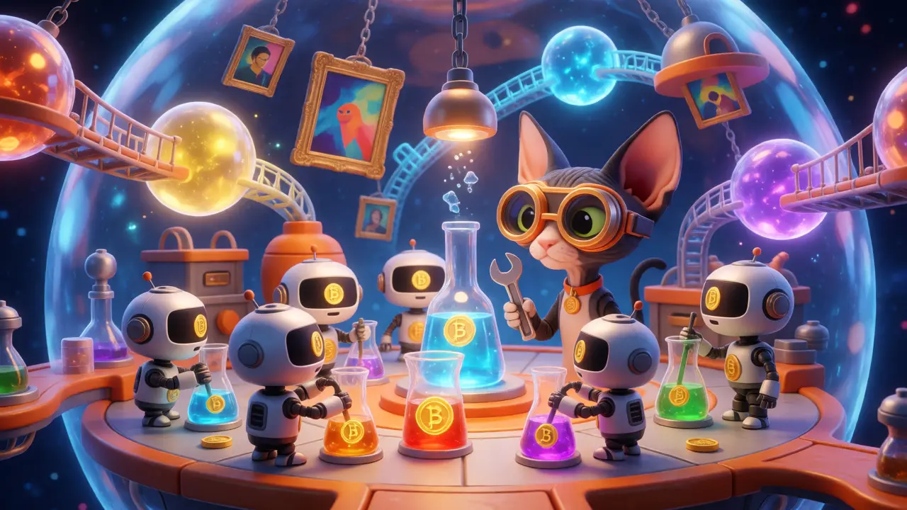 Robots mix glowing tokens in a high-tech alchemy lab overseen by a goggled Sphynx cat.