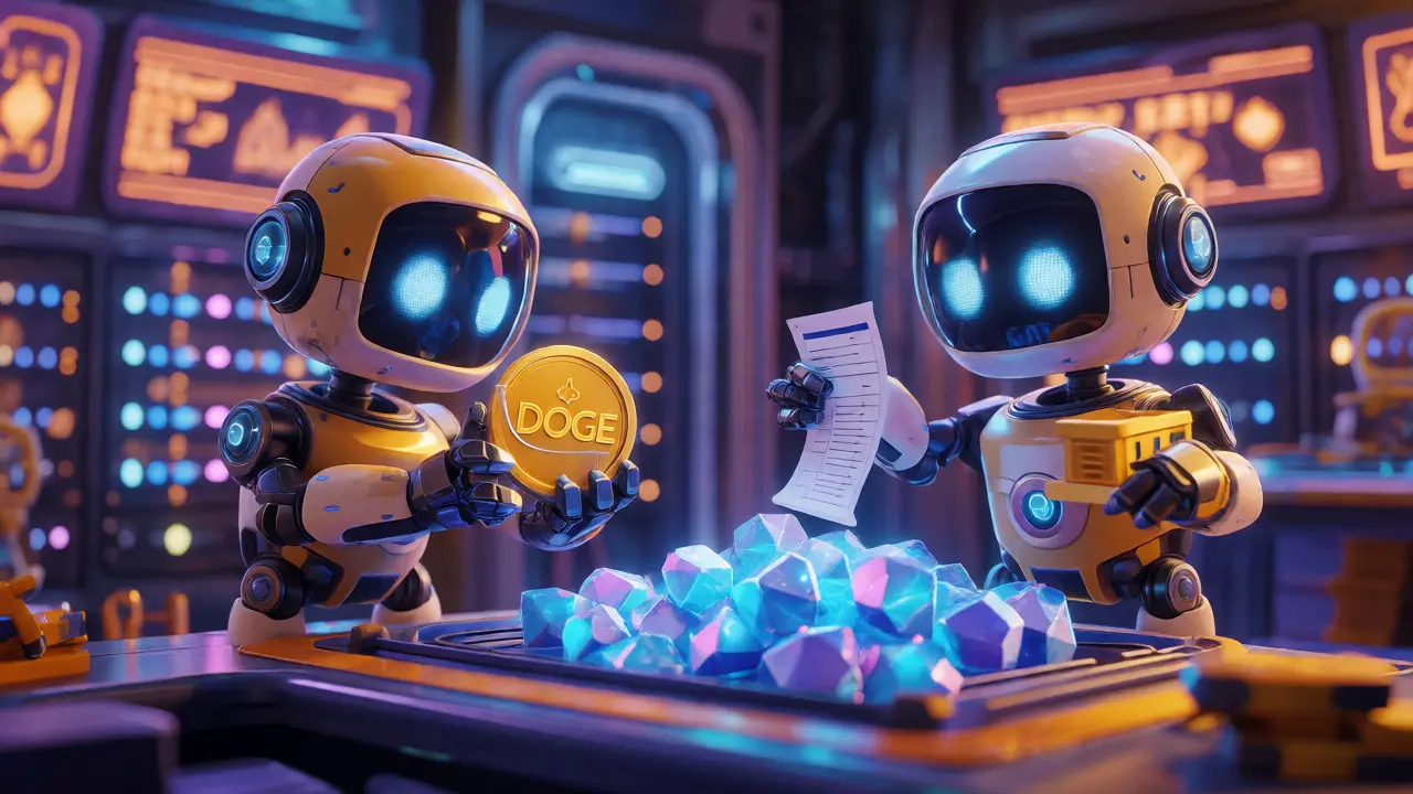 Robots stacking blue crystals and handling golden coins in a futuristic control room.