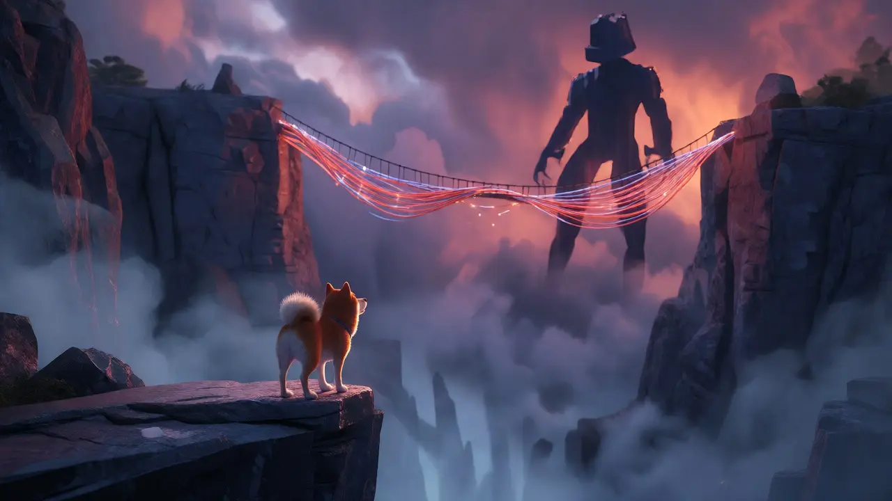 Shiba Inu looking across a misty canyon at a fragile glowing bridge.