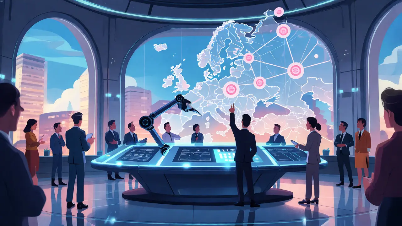 Team managing a holographic crypto network in a modern European office