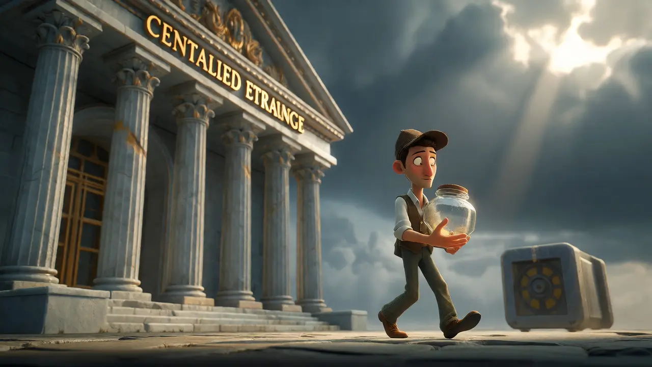 Trader carrying a glass jar of crypto away from a looming exchange building.