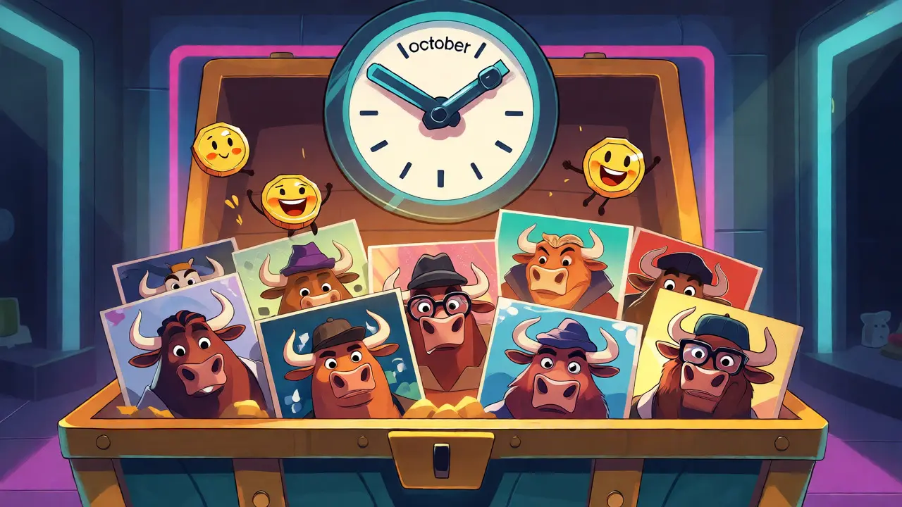 Treasure chest filled with generative bull NFTs and cheerful coin characters.